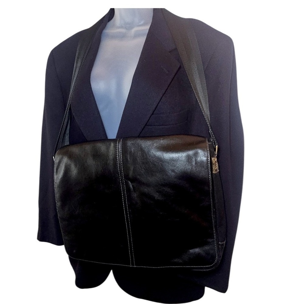 Boconi Black Leather Messenger Bag‎ Briefcase Crossbody Laptop Satchel Work Bag